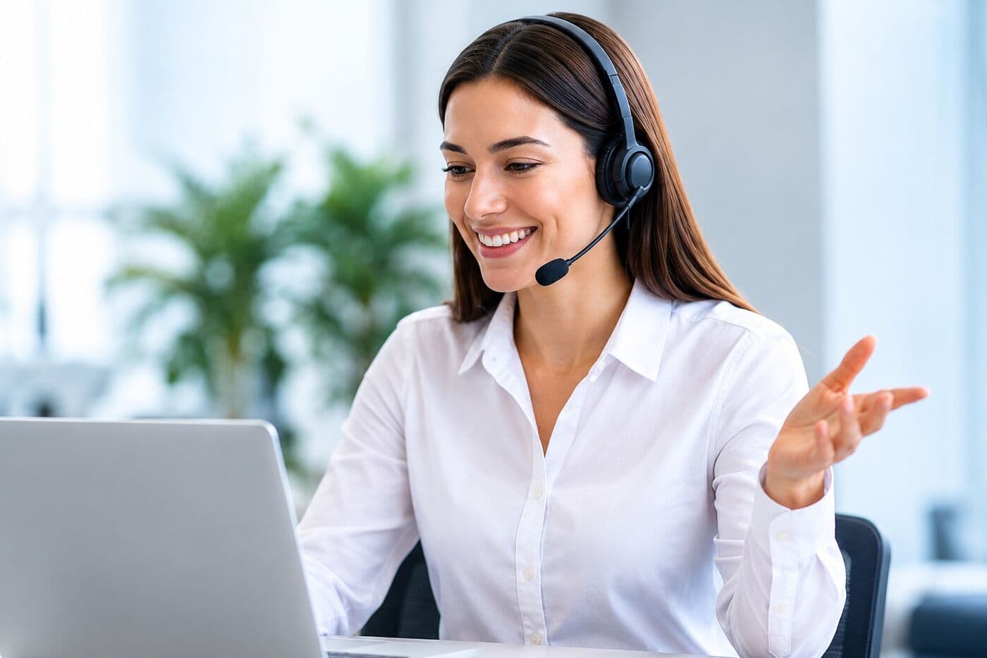 Asesora con auriculares sonríe mientras atiende una consulta frente a su computadora.